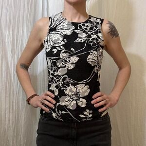 Black and white floral mesh overlay tank top VTG 90s Fashion Bug Sm‎ Whimsygoth